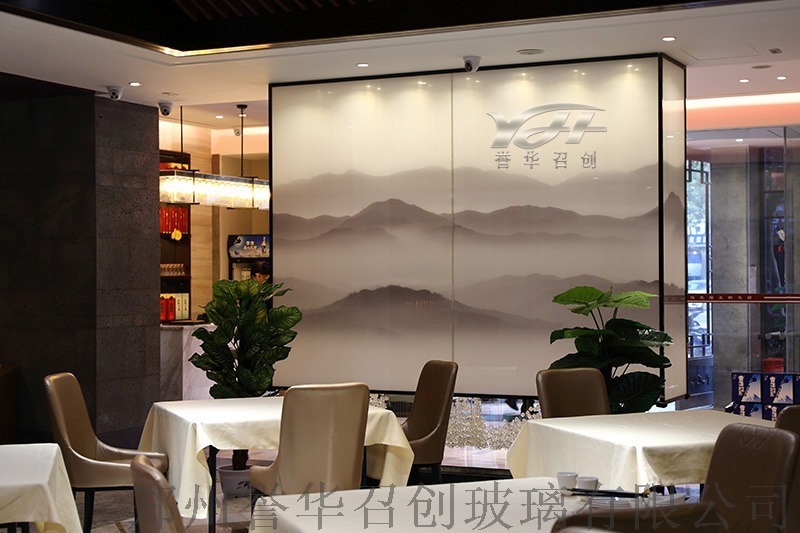 山水畫玻璃,廠家定制屏風隔斷夾絲玻璃,藝術玻璃